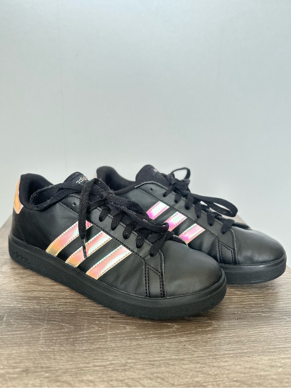 Adidas Black Low-Top Sneakers with Iridescent Accent Size 6